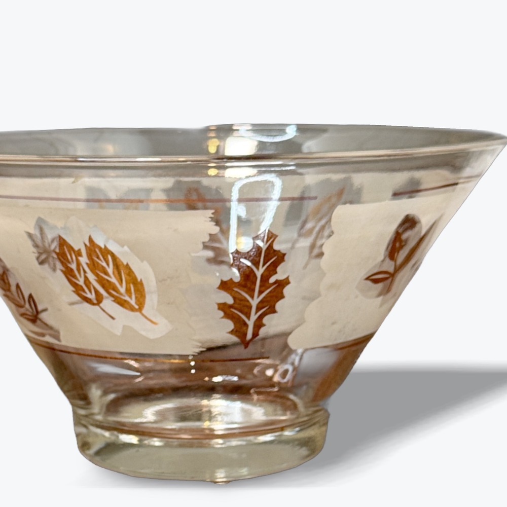 Vintage Frosted Glass Bowl Mid Century Modern Gold Copper Autumn Leaves 10.5 in